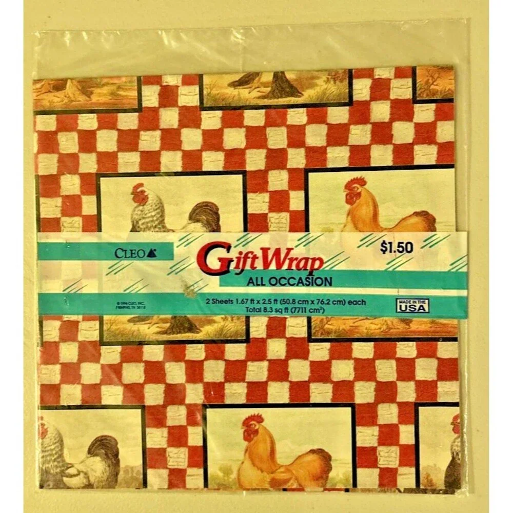 Vintage Cleo Rooster Chicken Checkered Gift Wrap 2 Sheets NIP All Occassion